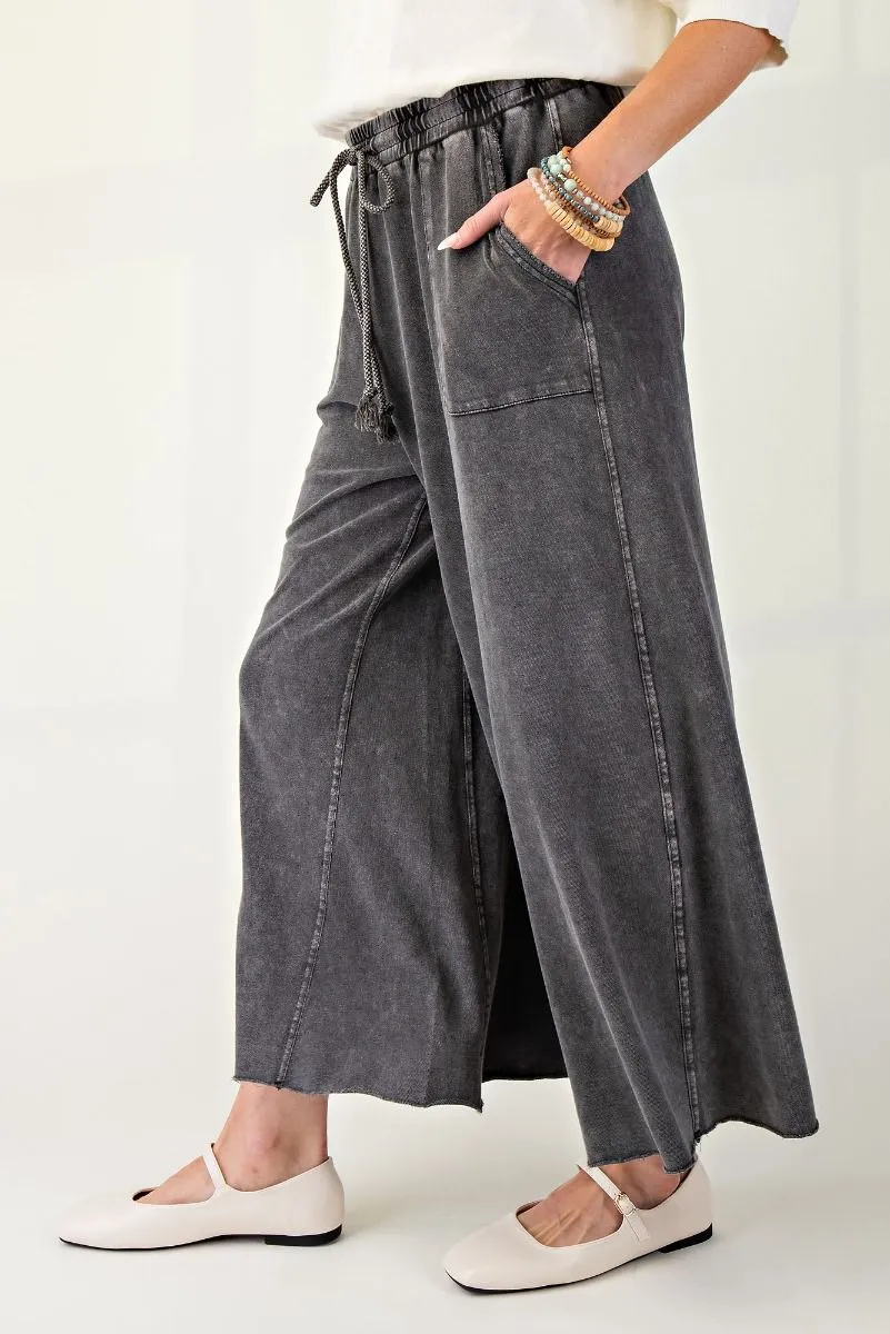 Washed Terry Knit Wide Leg Pants - Black (S-3X)