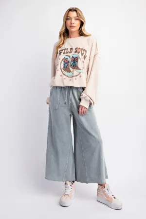 Washed Terry Knit Wide Leg Pants - Faded Blue (S-3X)