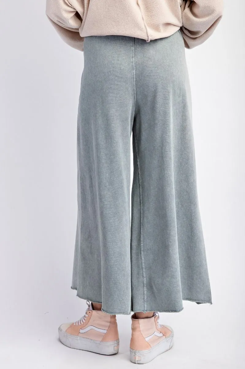Washed Terry Knit Wide Leg Pants - Faded Blue (S-3X)