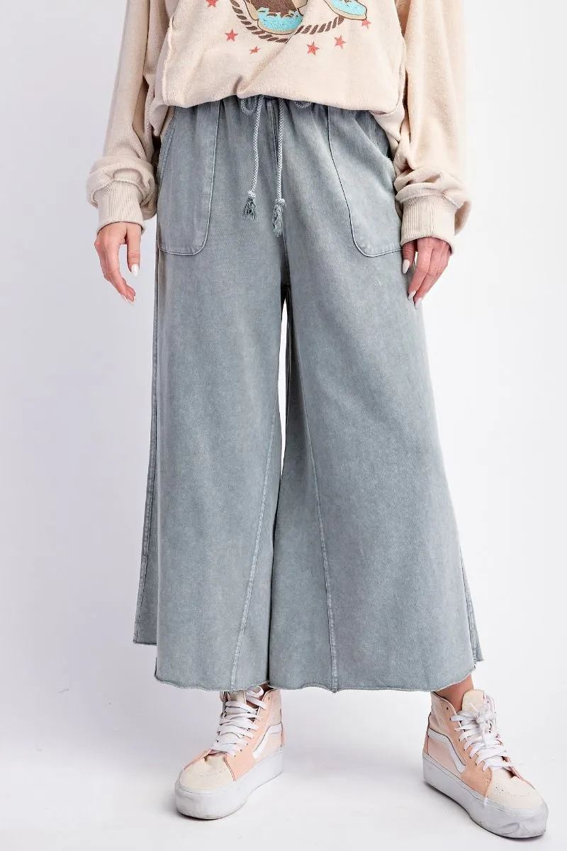 Washed Terry Knit Wide Leg Pants - Faded Blue (S-3X)