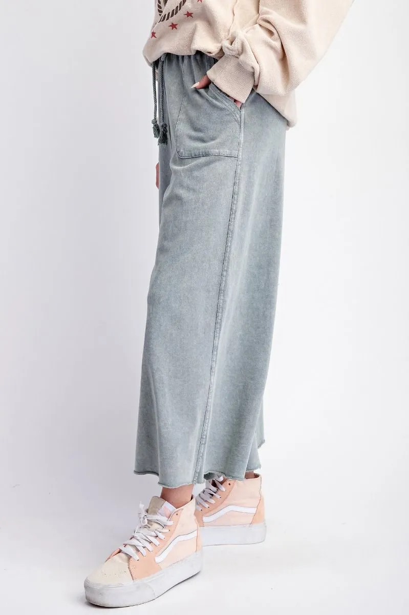 Washed Terry Knit Wide Leg Pants - Faded Blue (S-3X)