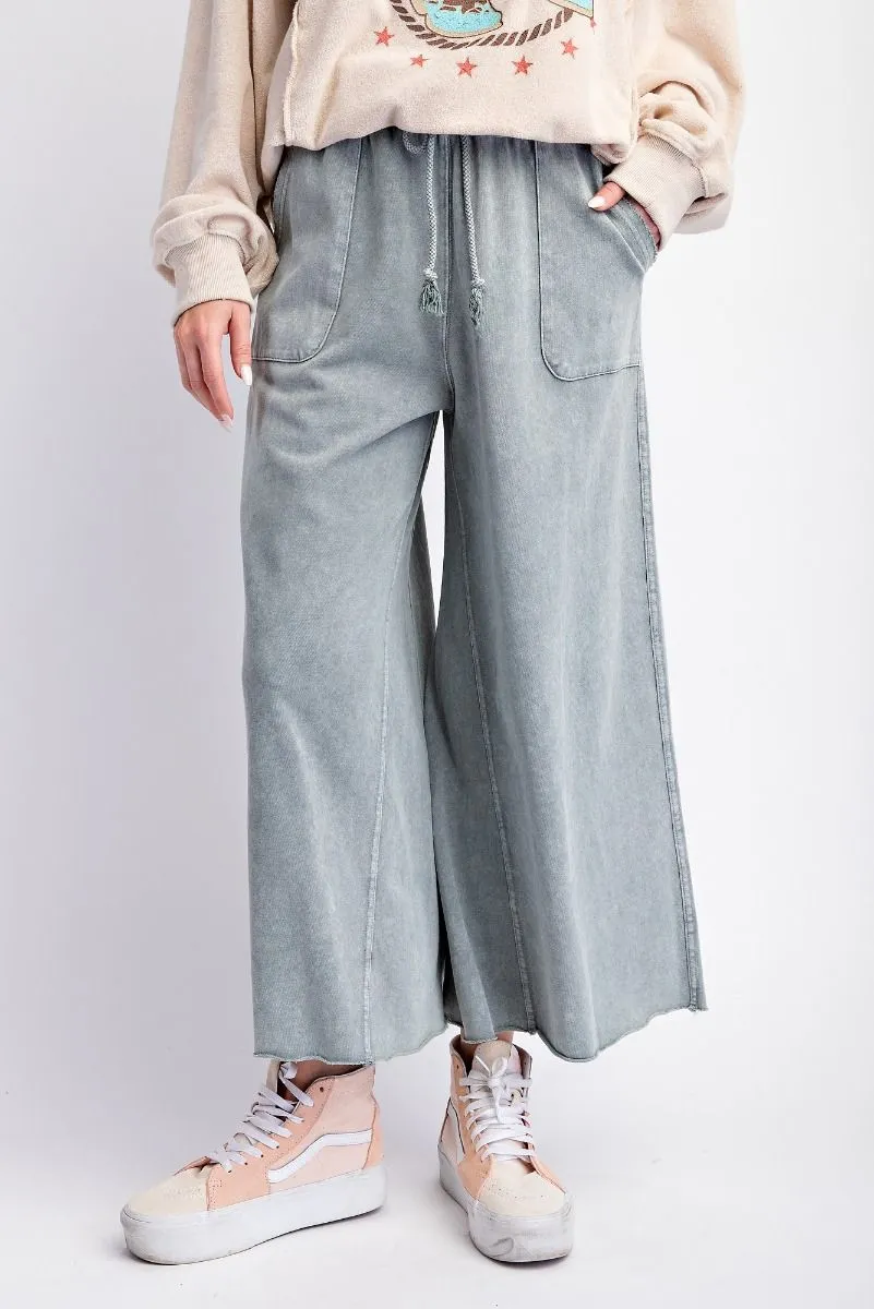 Washed Terry Knit Wide Leg Pants - Faded Blue (S-3X)