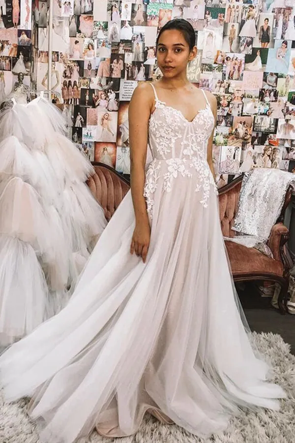 White A-line Sweetheart Spaghetti Straps Backless Lace Wedding Dresses, MW753