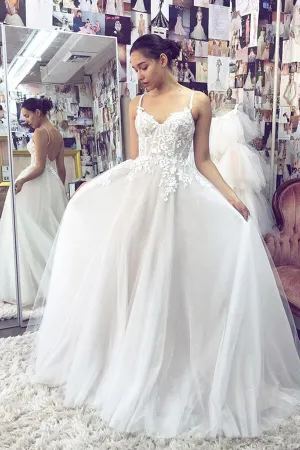 White A-line Sweetheart Spaghetti Straps Backless Lace Wedding Dresses, MW753