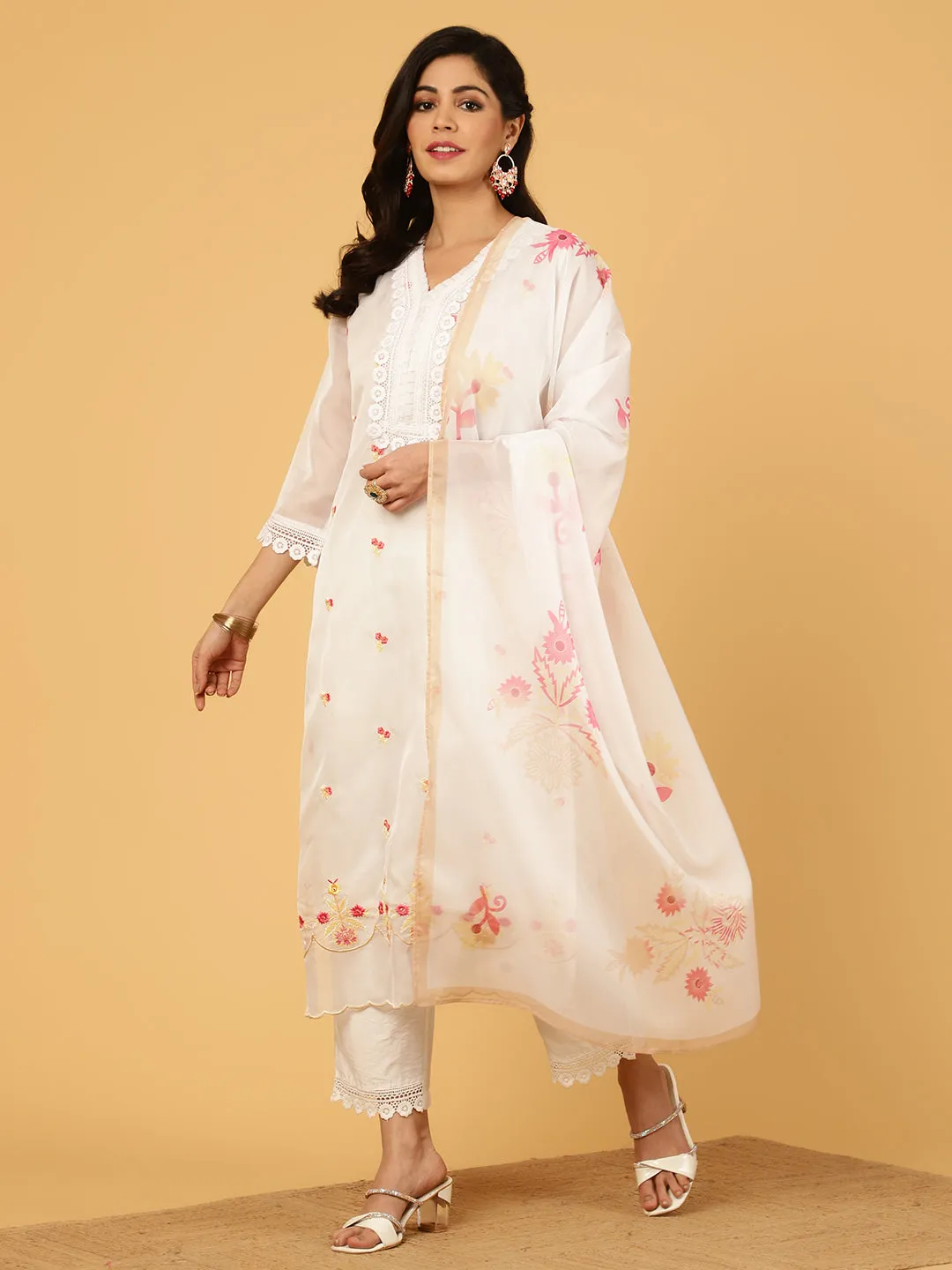 White Aari Work Art Silk Kurta With Pants And Dupatta