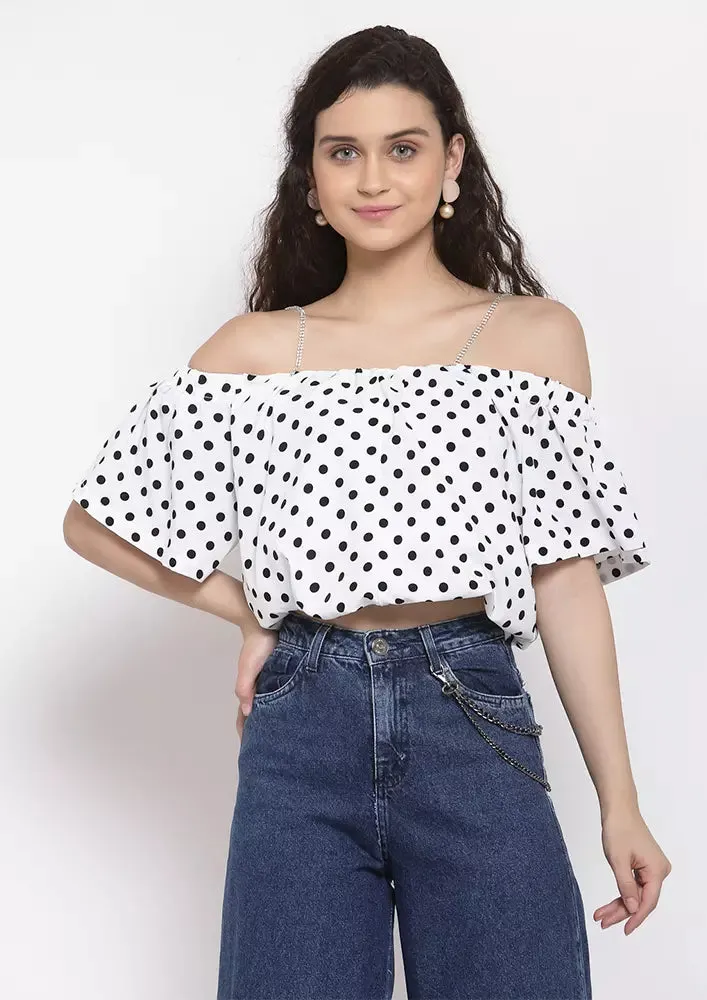 White Black Polka Dot Off Shoulder Top