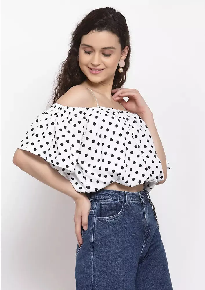 White Black Polka Dot Off Shoulder Top
