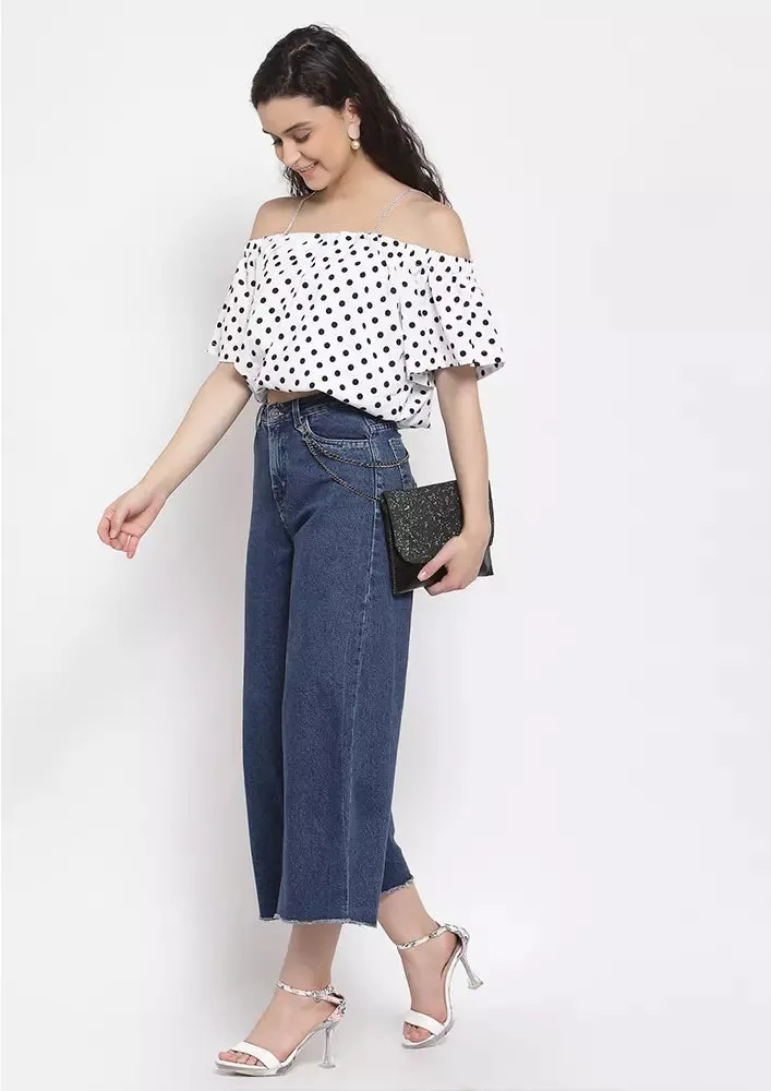 White Black Polka Dot Off Shoulder Top
