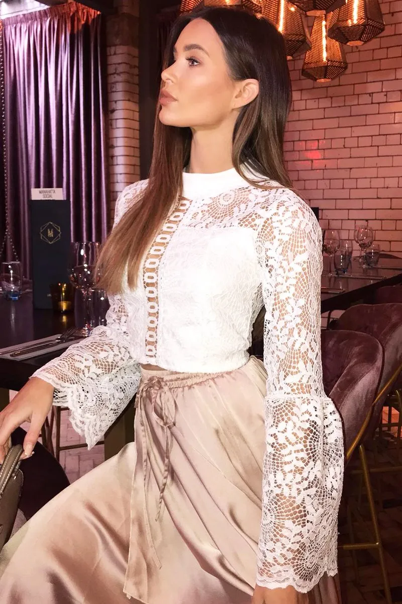 White Crochet Lace Bell Sleeve Crop Top - Taylor