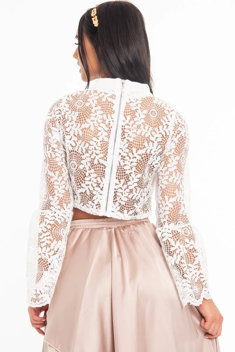 White Crochet Lace Bell Sleeve Crop Top - Taylor