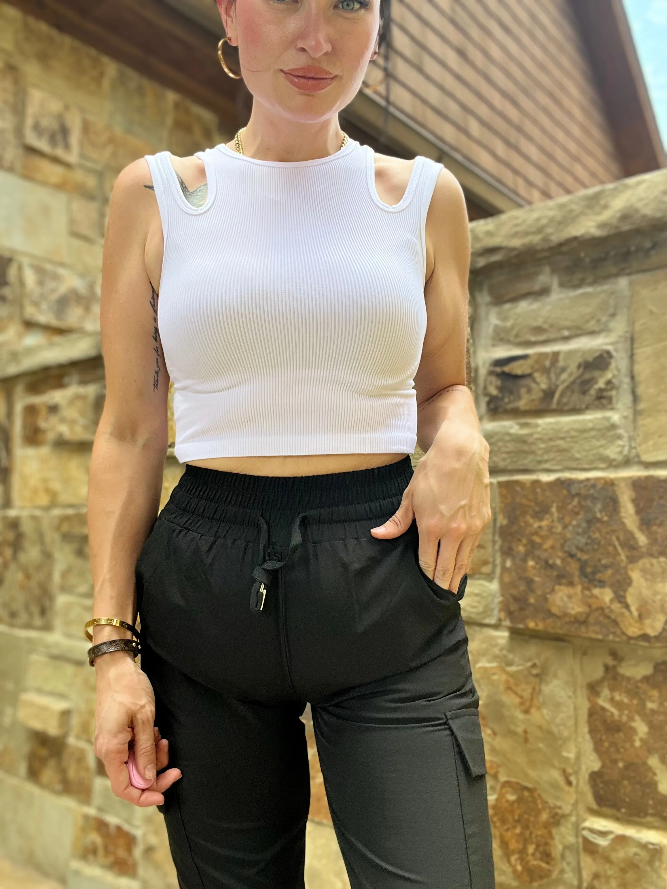 White Crop Tank - Open Shoulder