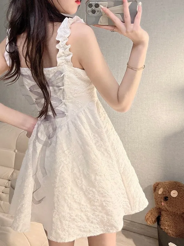 White Embroidered Fit And Flare Ruffle Neck Mini Dress