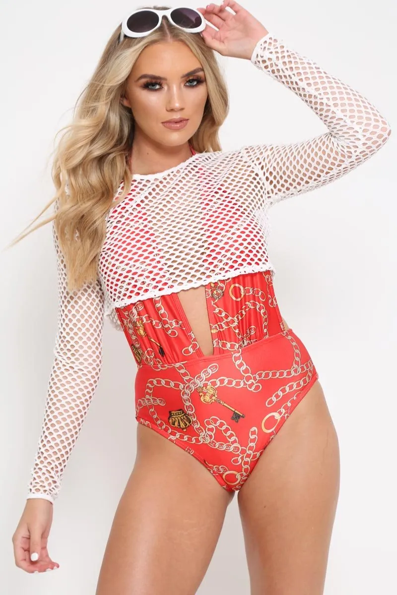 White Fish Net Long Sleeved Crop Top - Ivory