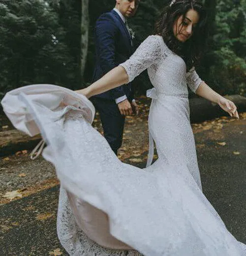 White Lace Mermaid Half Sleeves V-neck Wedding Dresses, Bridal Gown, MW581