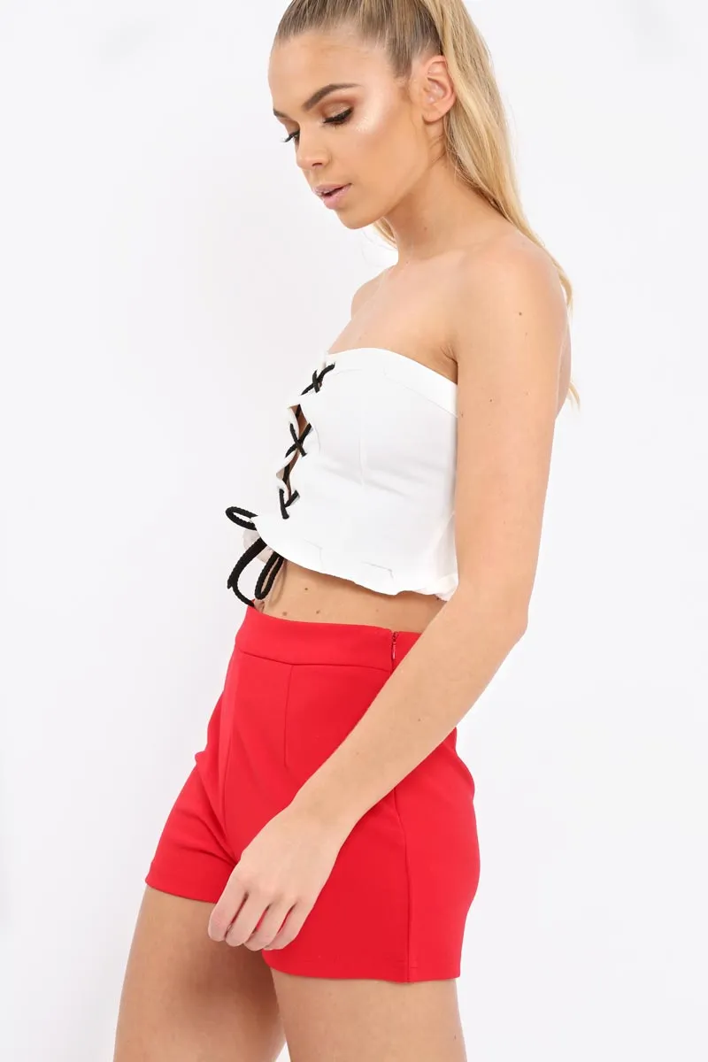 White Lace Up Front Frill Bandeau Crop Top - Cyndi