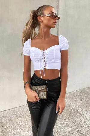 White Lace Up Sweetheart Puff Sleeve Crop Top - Kandis