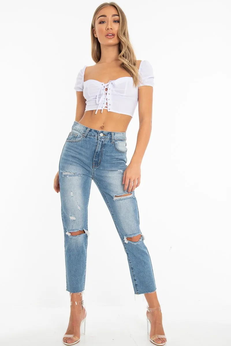 White Lace Up Sweetheart Puff Sleeve Crop Top - Kandis