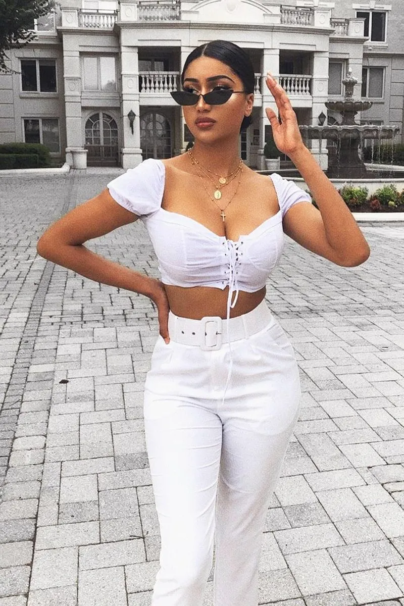 White Lace Up Sweetheart Puff Sleeve Crop Top - Kandis