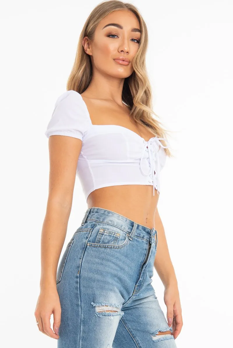 White Lace Up Sweetheart Puff Sleeve Crop Top - Kandis