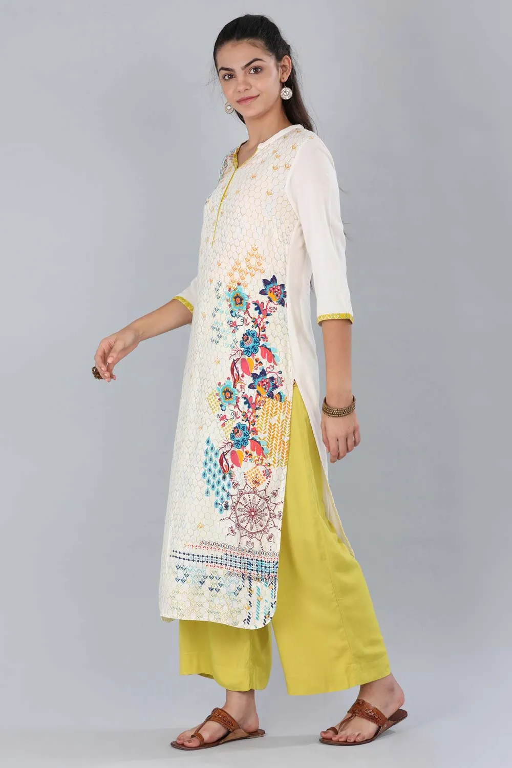White Mandarin Neck Printed kurta