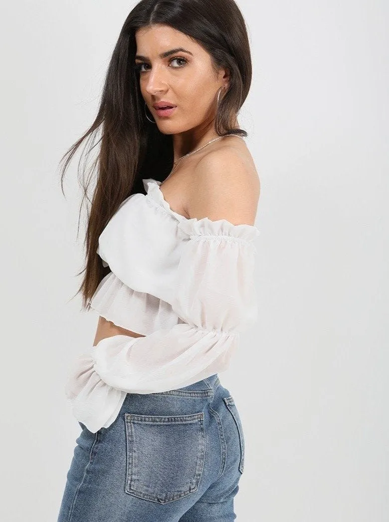 White Off Shoulder Ruched Frill Crop Top