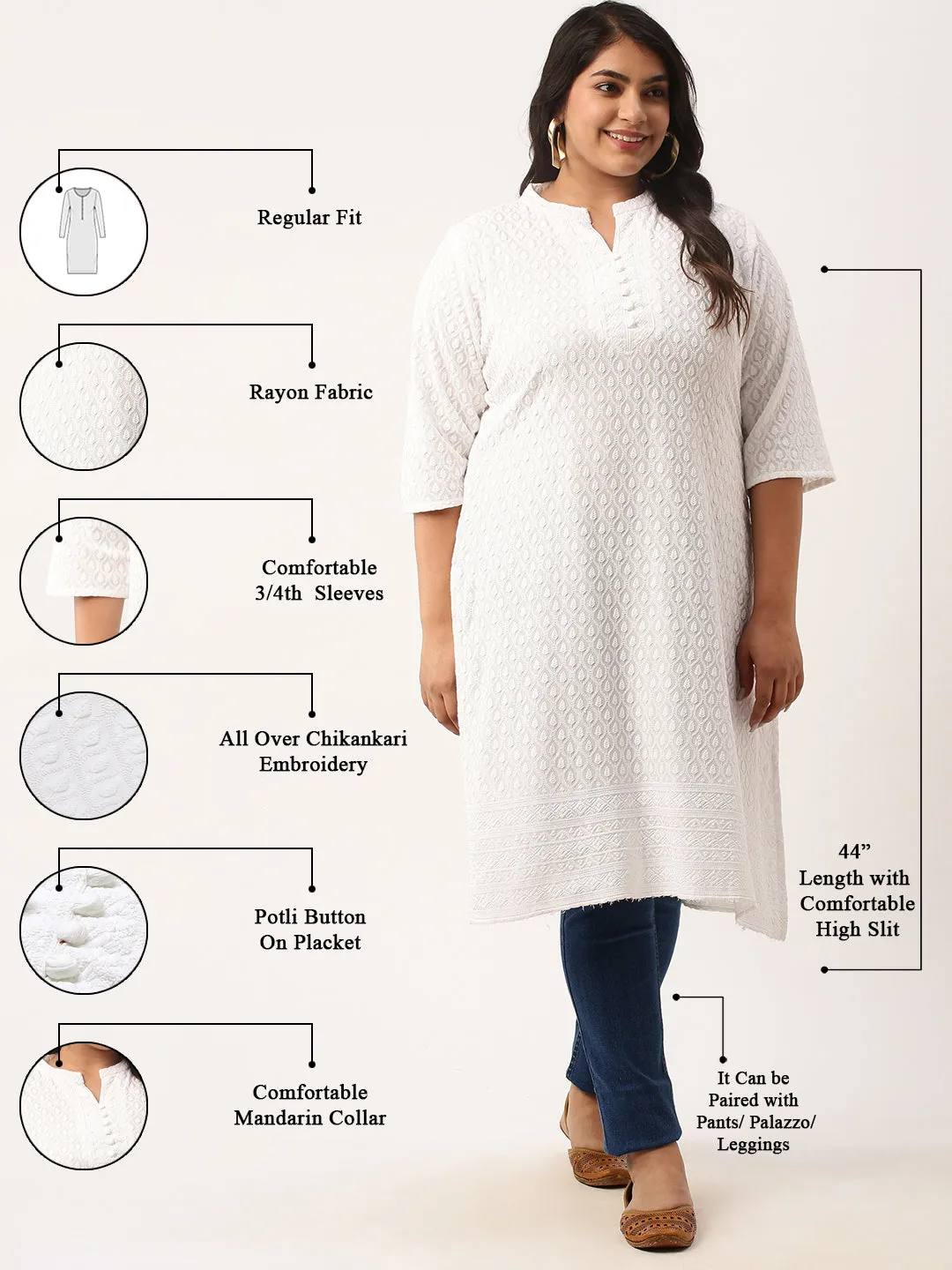 White Rayon Band Collar 3/4th Sleeves Chikankari Embroidery Ethnic Wear Kurta For Women - ZOLA