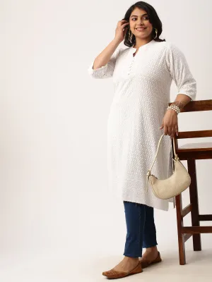 White Rayon Band Collar 3/4th Sleeves Chikankari Embroidery Ethnic Wear Kurta For Women - ZOLA