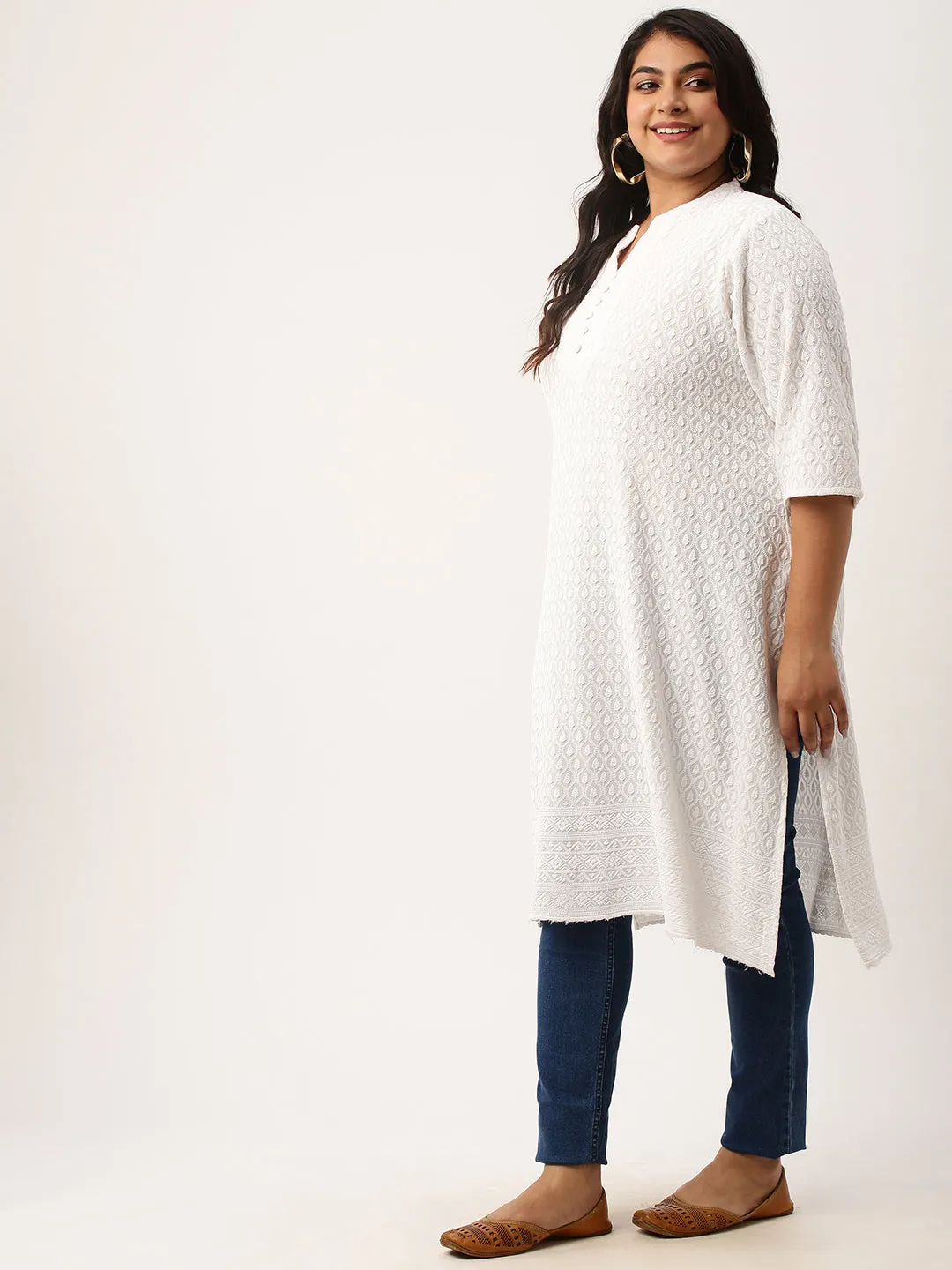 White Rayon Band Collar 3/4th Sleeves Chikankari Embroidery Ethnic Wear Kurta For Women - ZOLA