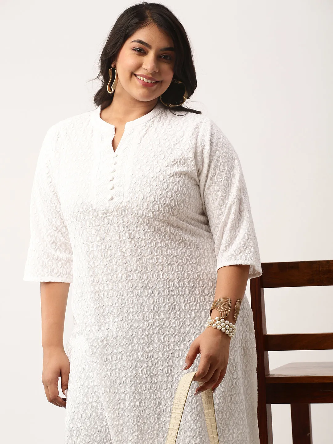White Rayon Band Collar 3/4th Sleeves Chikankari Embroidery Ethnic Wear Kurta For Women - ZOLA