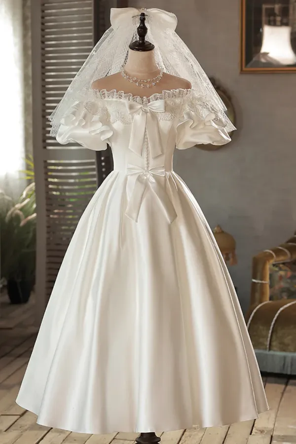 White Satin Lace Off Shoulder Prom Dress, White Evening Dress, Wedding Dress APH0253