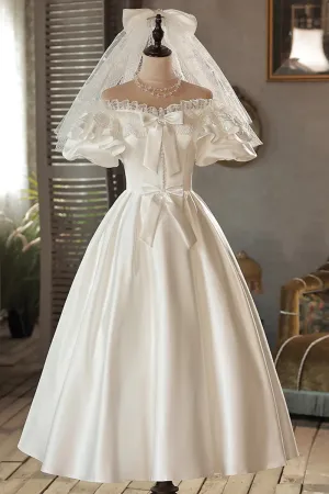 White Satin Lace Off Shoulder Prom Dress, White Evening Dress, Wedding Dress APH0253