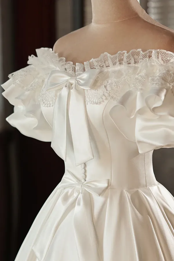 White Satin Lace Off Shoulder Prom Dress, White Evening Dress, Wedding Dress APH0253