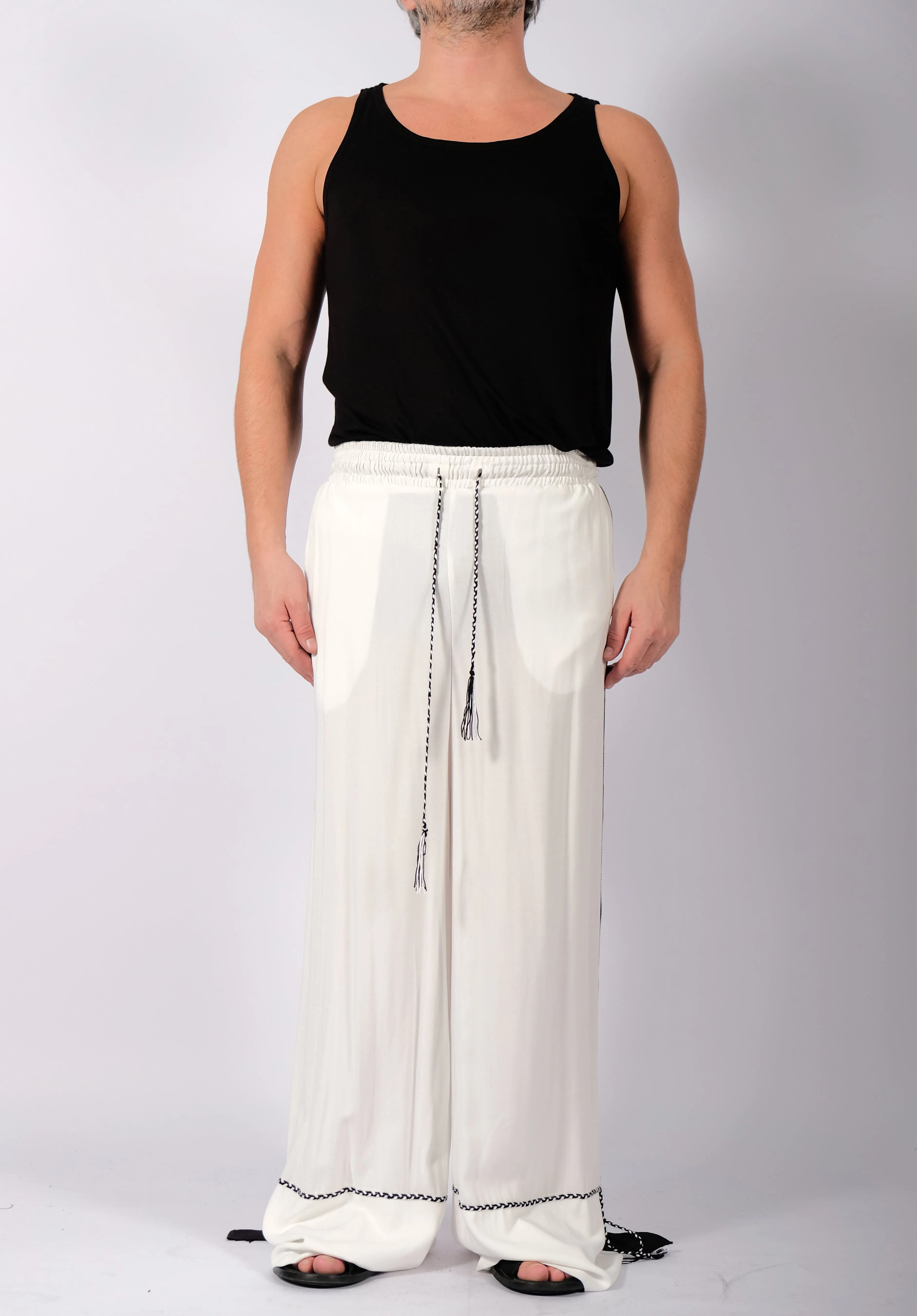 White Wide Washed Cotton Trousers