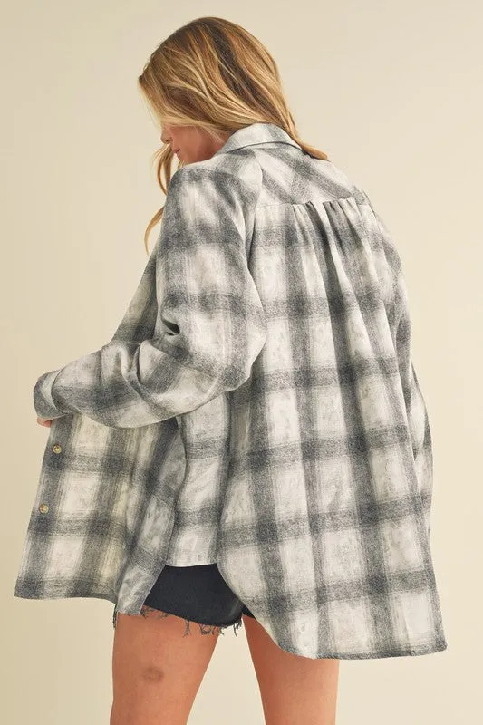 White/Gray Plaid Flannel Side Step Hem Shirt