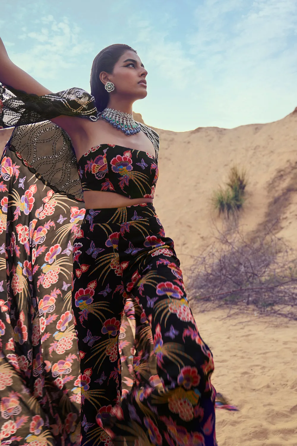 Wild Field Printed Long Embroidered Cape With Printed Corset & Pants