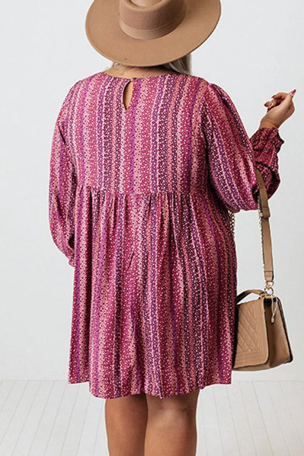 Wine Ditsy Floral Print Long Sleeve Plus Size Mini Dress