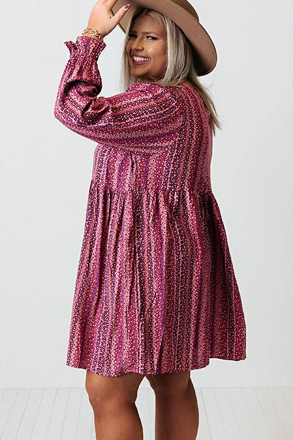 Wine Ditsy Floral Print Long Sleeve Plus Size Mini Dress