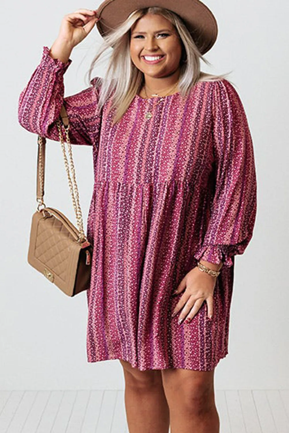 Wine Ditsy Floral Print Long Sleeve Plus Size Mini Dress