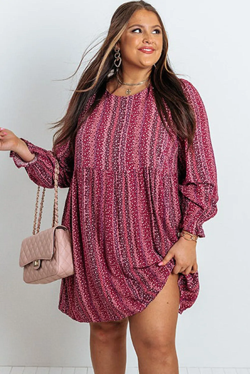 Wine Ditsy Floral Print Long Sleeve Plus Size Mini Dress