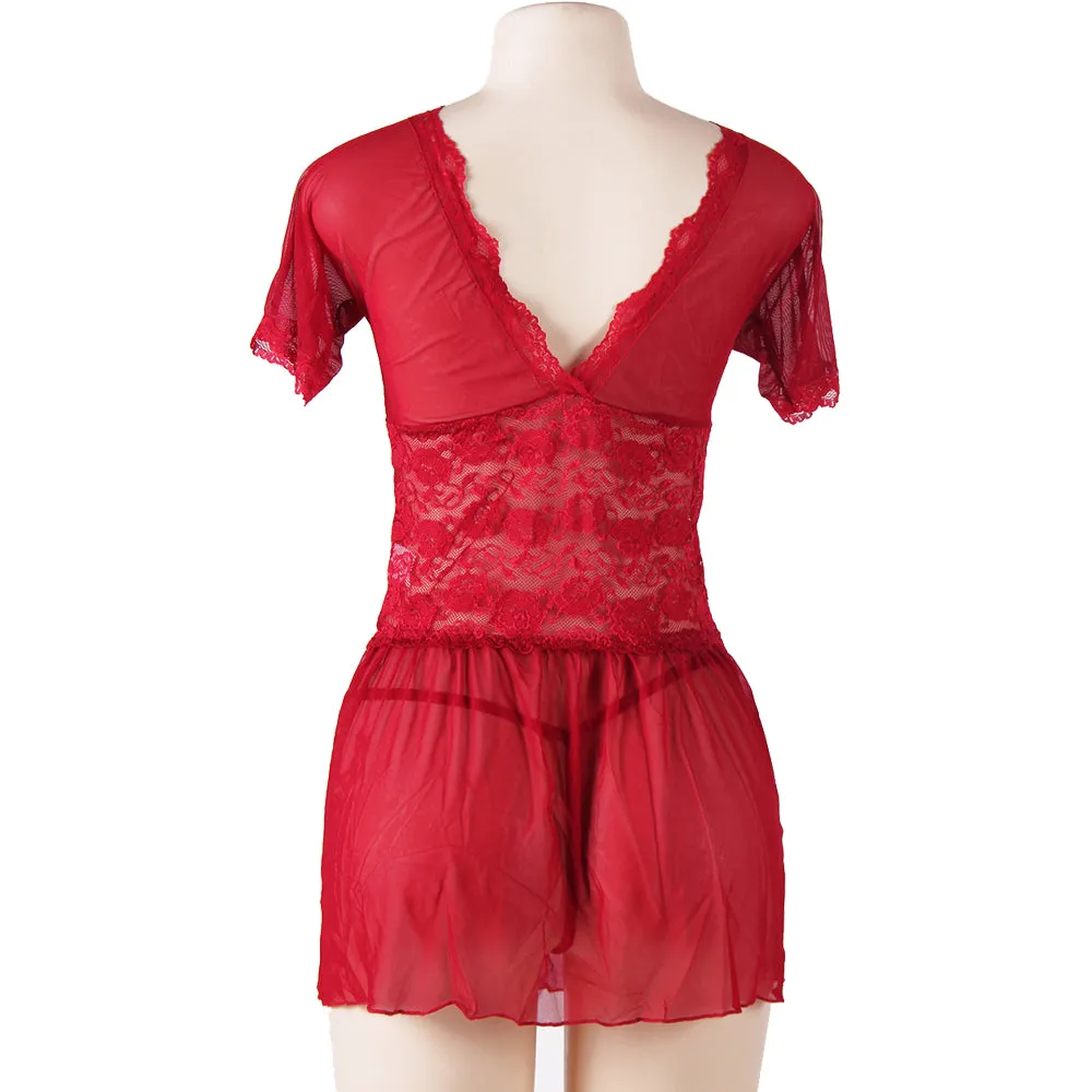 Wine Plus Size V Neck Mesh Scalloped Lace Babydoll With Short Sleeve