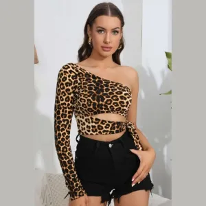 'Wisteria' Leopard Cutout One-Shoulder Cropped Top