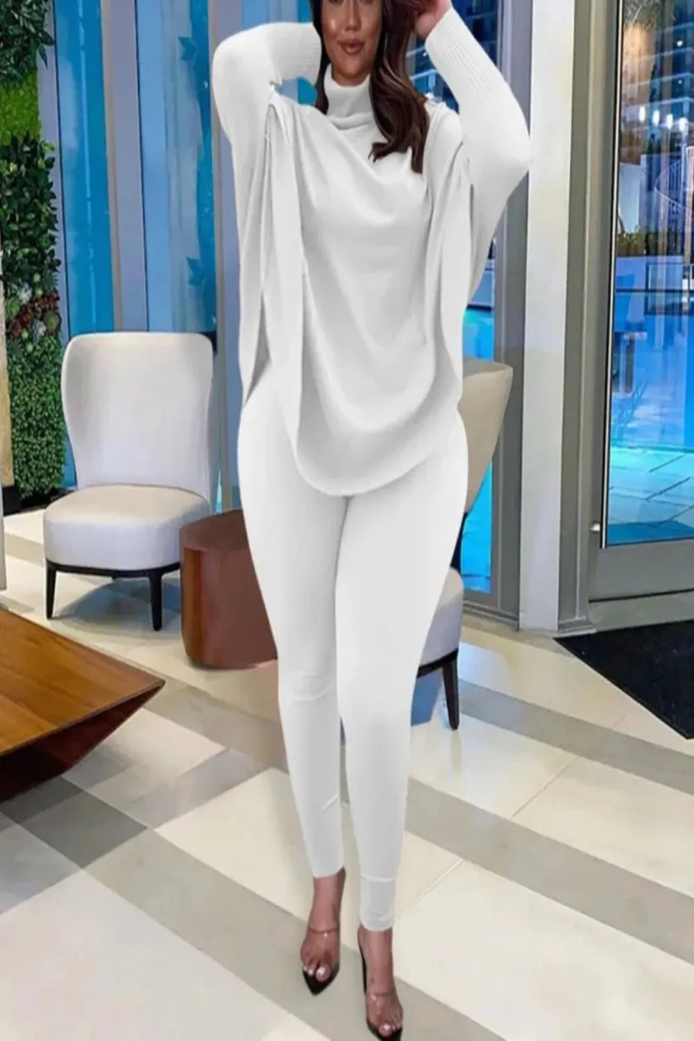 Women 2 Piece Set Casual Solid Bat Sleeve