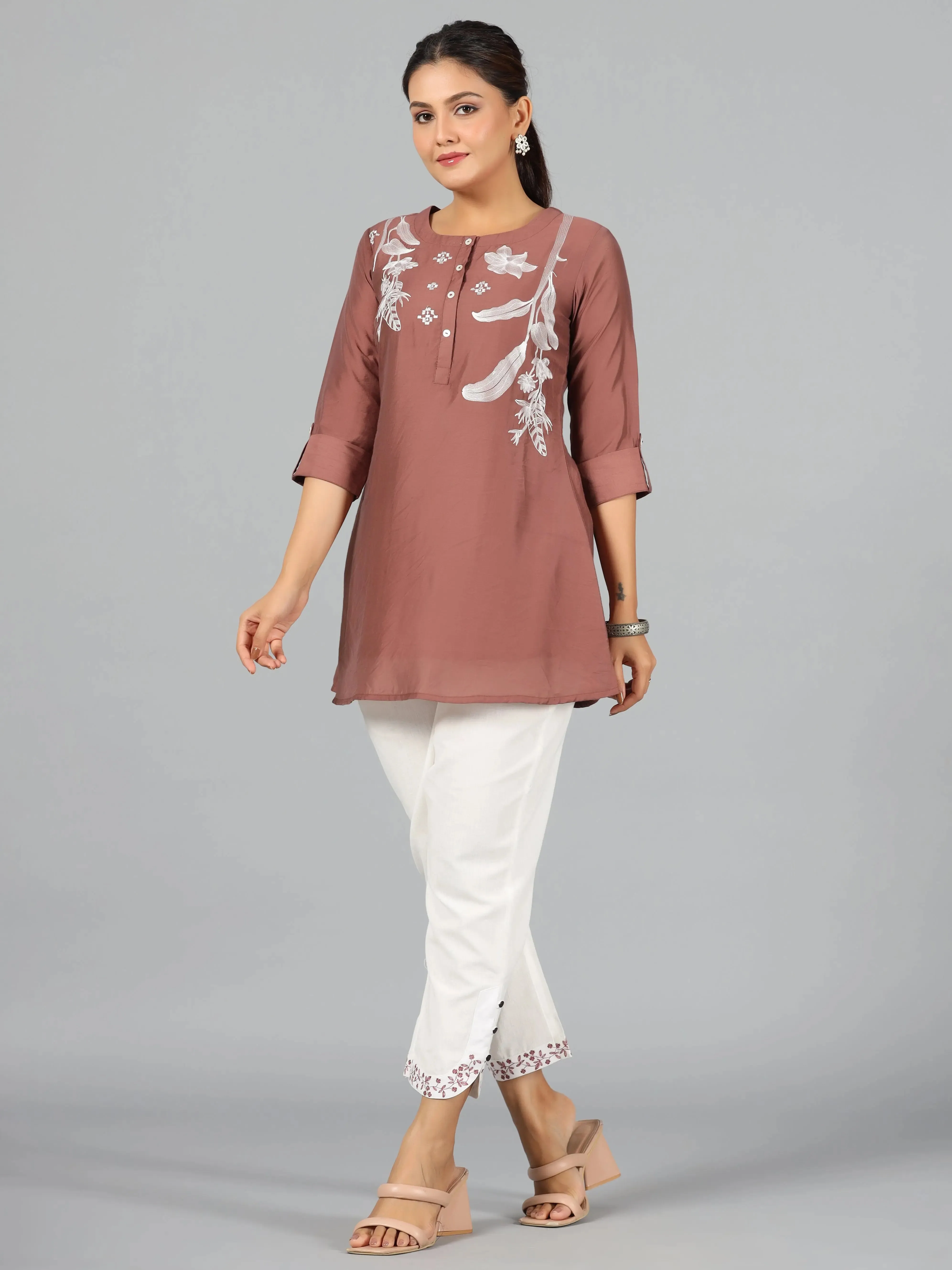 Women Embroidered Standard Brown Jumpsuits & Sets