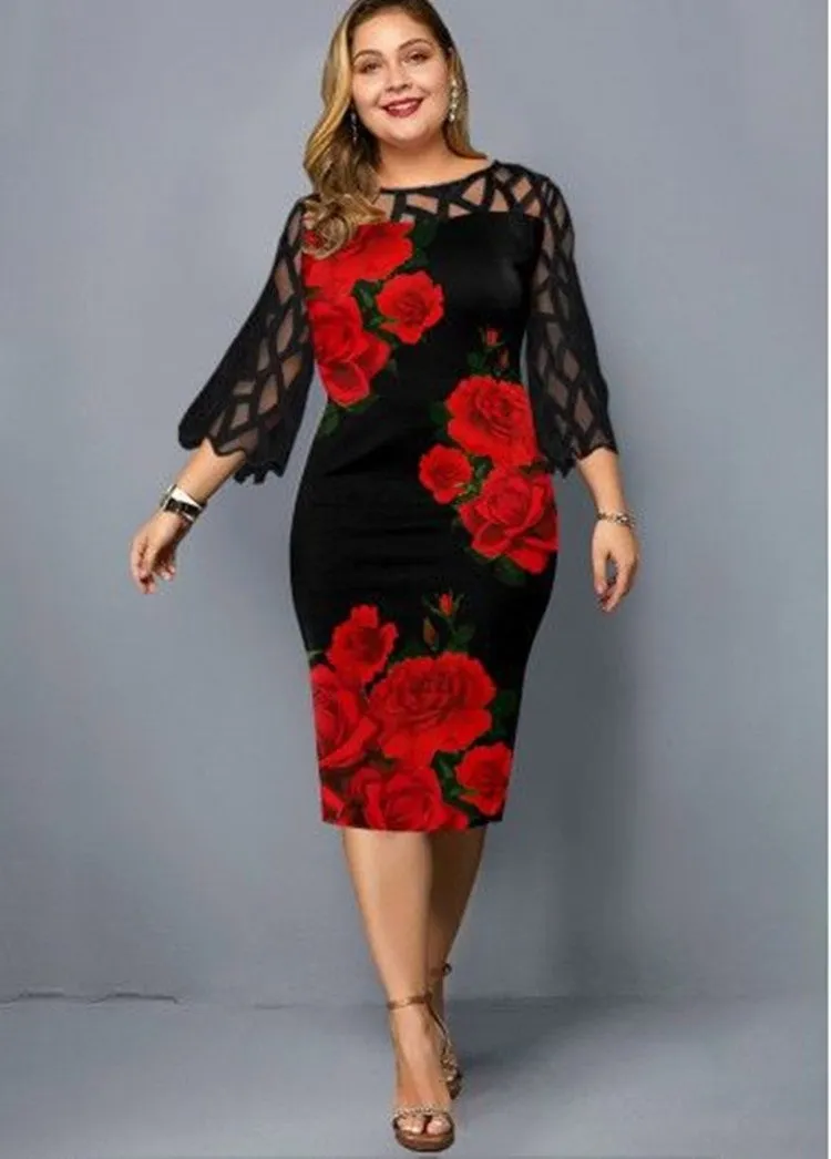 Women Floral Print Lace Plus Sizes Fall Dresses