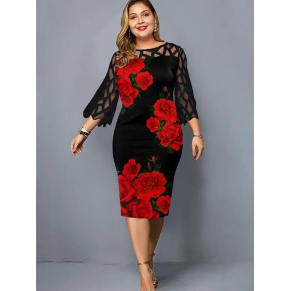 Women Floral Print Lace Plus Sizes Fall Dresses