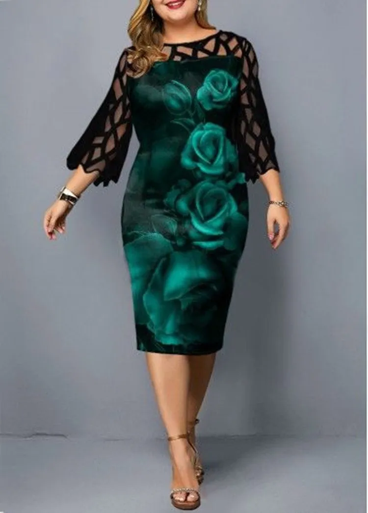 Women Floral Print Lace Plus Sizes Fall Dresses