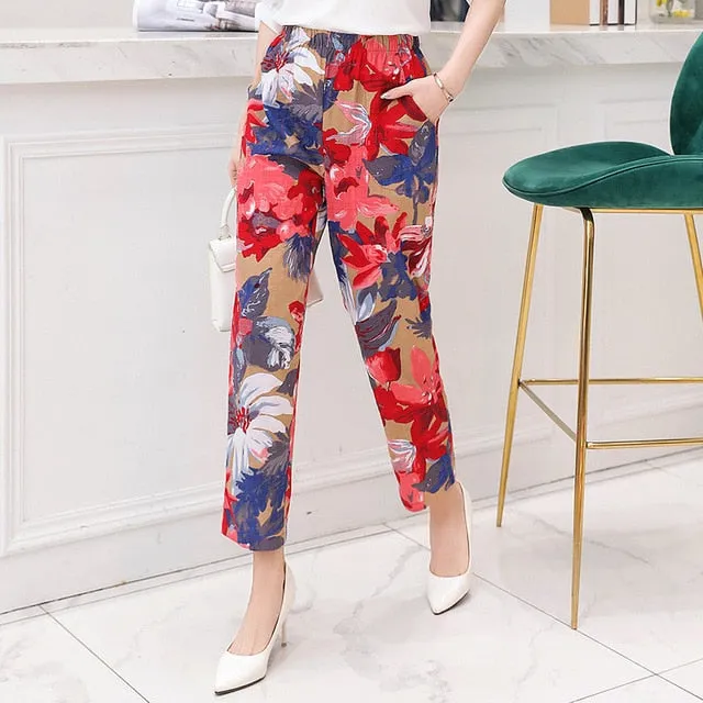 Women Pants Korean Cotton Linen Elastic Waist