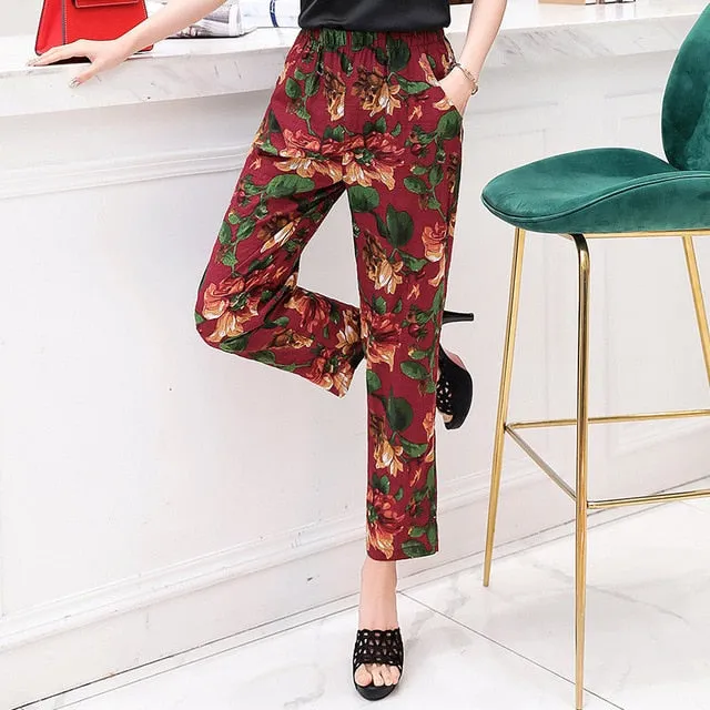 Women Pants Korean Cotton Linen Elastic Waist