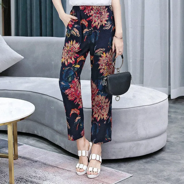Women Pants Korean Cotton Linen Elastic Waist