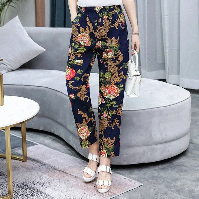 Women Pants Korean Cotton Linen Elastic Waist